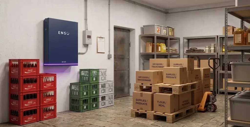 Enso-batterij aan de muur van een magazijn, naast kratten en pallets