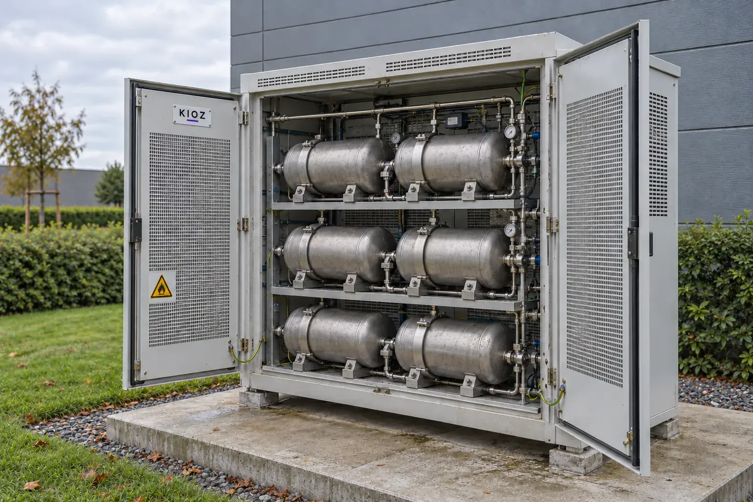 Open buitenkast met metaalhydride-cilinders voor waterstofopslag als vaste stof